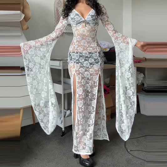 E-Girl Goth Punk Bodycon Slip Dress Women Sheer Lace Maxi Dress Bat Long Sleeve Y2K Fairy Grunge See through Split Flowy Dress