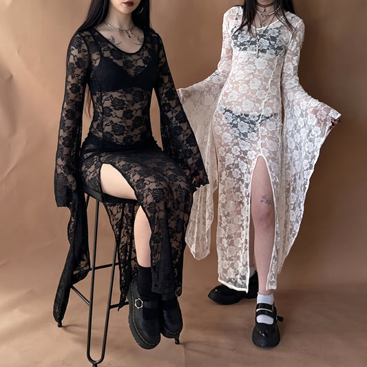 E-Girl Goth Punk Bodycon Slip Dress Women Sheer Lace Maxi Dress Bat Long Sleeve Y2K Fairy Grunge See through Split Flowy Dress