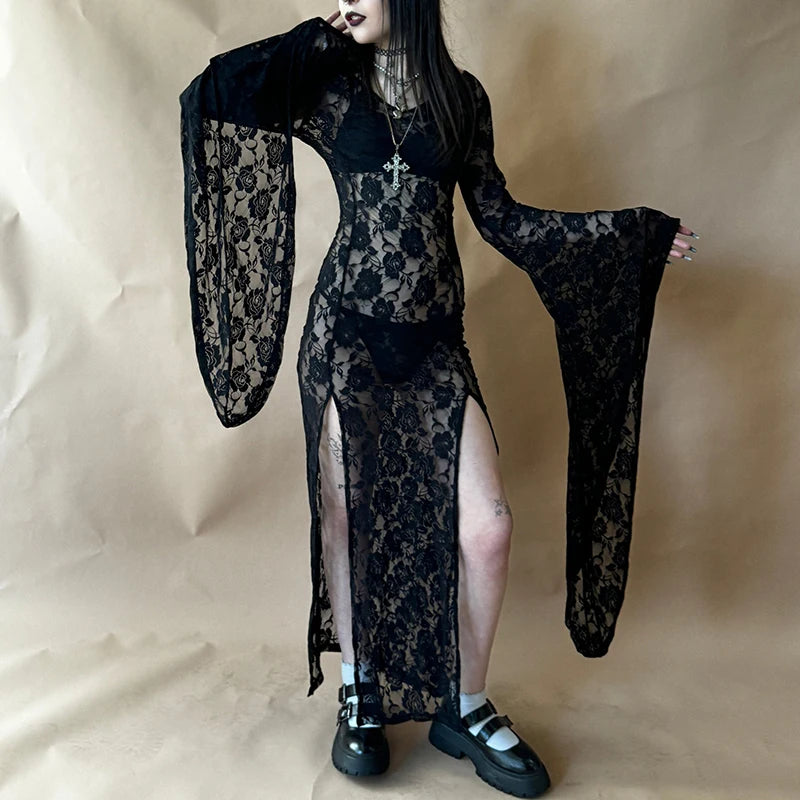 E-Girl Goth Punk Bodycon Slip Dress Women Sheer Lace Maxi Dress Bat Long Sleeve Y2K Fairy Grunge See through Split Flowy Dress